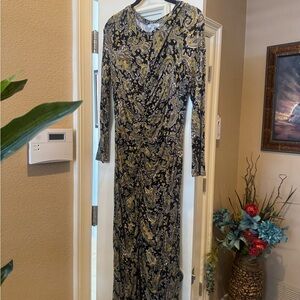 Joie Black and Gold Paisley Long Sleeve Midi Dress